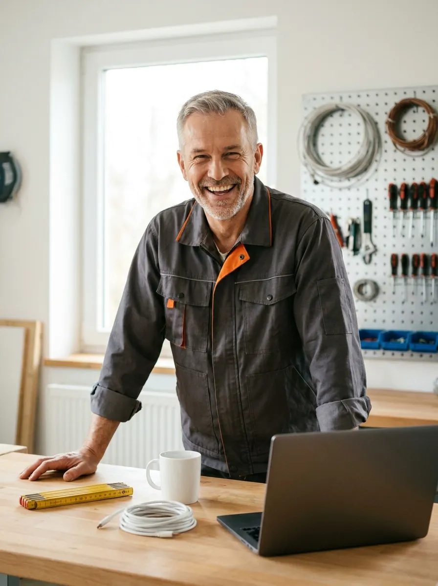 Erfolgreicher Handwerksmeister lacht in seiner aufgeräumten Werkstatt, vor ihm sein aufgeklappter Laptop