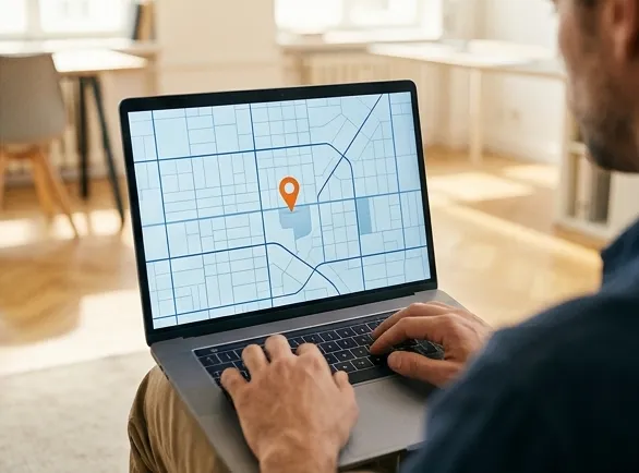 Laptop mit Kartenansicht und markiertem Standort