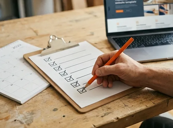 Abgehakte Checkliste auf Klemmbrett neben Laptop